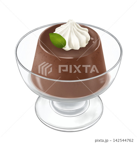 パフェグラスに盛ったホイップクリーム付きチョコプリン パフェグラスに盛ったホイップクリーム付きチョコプリン 142544762