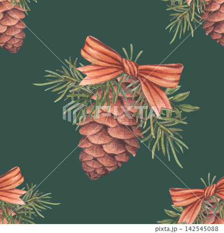 Seamless pattern with pine cone, orange bow, fir branches. Watercolor illustration, isolated on green background. Festive background for wrapping paper, textile fabric, wallpaper, holiday decoration 142545088