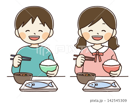 バランスの良い食事をする子供たちのイラスト バランスの良い食事をする子供たちのイラスト 142545309