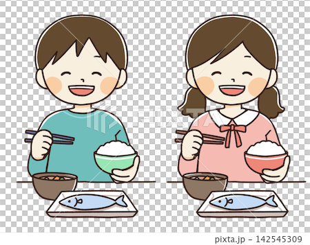 バランスの良い食事をする子供たちのイラスト バランスの良い食事をする子供たちのイラスト 142545309