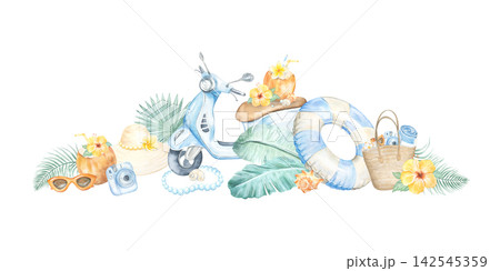 A watercolor composition themed around a tropical summer vacation. A scooter for a trip to the beach. A beach bag and a hat. Palm leaves and monstera. A hand painted summer coconut cocktail. A watercolor composition themed around a tropical summer vacation. A scooter for a trip to the beach. A beach bag and a hat. Palm leaves and monstera. A hand painted summer coconut cocktail. 142545359
