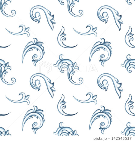 A seamless pattern with a decorative blue ornament in the Baroque style. Hand drawn watercolor illustration. Perfect for textiles, tablecloths and curtains, for prints, backgrounds, wallpaper and more A seamless pattern with a decorative blue ornament in the Baroque style. Hand drawn watercolor illustration. Perfect for textiles, tablecloths and curtains, for prints, backgrounds, wallpaper and more 142545537