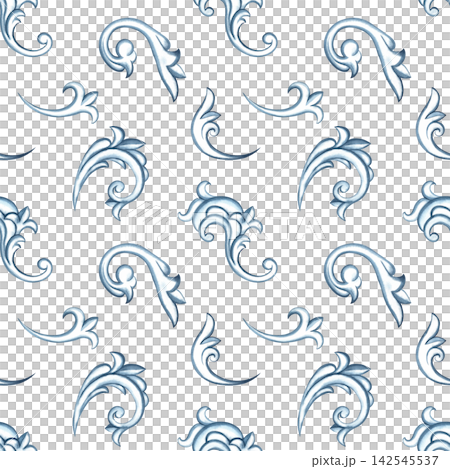 A seamless pattern with a decorative blue ornament in the Baroque style. Hand drawn watercolor illustration. Perfect for textiles, tablecloths and curtains, for prints, backgrounds, wallpaper and more A seamless pattern with a decorative blue ornament in the Baroque style. Hand drawn watercolor illustration. Perfect for textiles, tablecloths and curtains, for prints, backgrounds, wallpaper and more 142545537