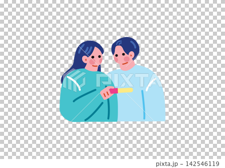 一對夫婦正在查看驗孕棒的插圖。 一對夫婦正在查看驗孕棒的插圖。 142546119