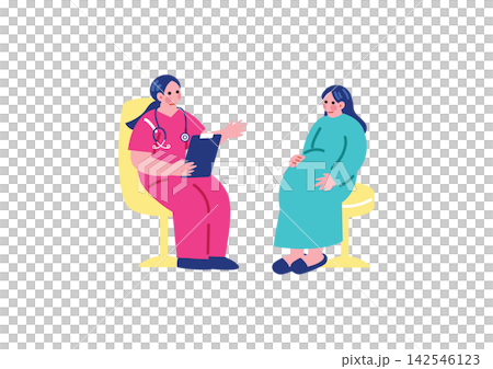 一幅孕婦在產前檢查時與醫生交談的插圖。 142546123