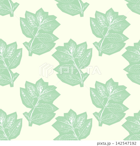 Botanical seamless pattern with mint green hand drawn leaves and silhouettes on an ivory background ideal for eco friendly packaging, summer textiles, organic cosmetics branding, and modern home wallp Botanical seamless pattern with mint green hand drawn leaves and silhouettes on an ivory background ideal for eco friendly packaging, summer textiles, organic cosmetics branding, and modern home wallp 142547192