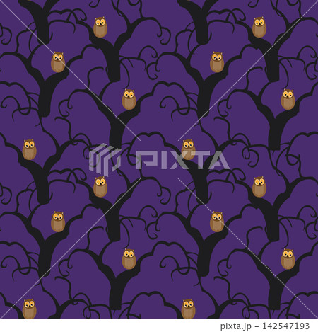 Halloween seamless pattern with cute cartoon owls sitting on spooky tree branches at night with dark purple and black background perfect for festive wrapping paper, textiles, party invitations, and ho 142547193