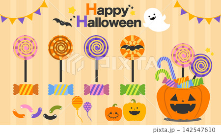 ハロウィン ジャックオランタンのお菓子セットイラスト ハロウィン ジャックオランタンのお菓子セットイラスト 142547610