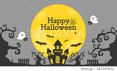 ハロウィン　オバケとコウモリと城のかわいいホラーイラスト背景素材 142547612