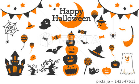 オレンジと黒のハロウィンイラストセット 142547613