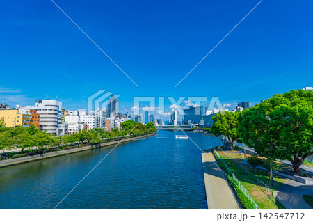 大阪市　天神橋から望む天満橋方面のビル群と中之島公園 142547712