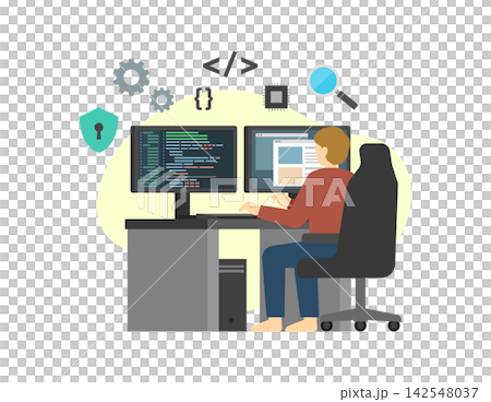 Flat illustration: A man coding on a desktop computer (icon) Flat illustration: A man coding on a desktop computer (icon) 142548037