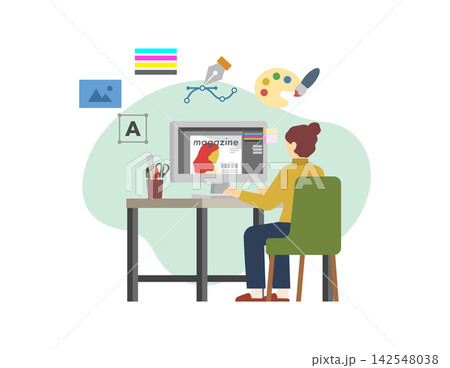 フラットイラスト：PCでグラフィックデザインする女性(アイコン) 142548038