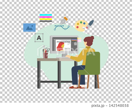 フラットイラスト：PCでグラフィックデザインする女性(アイコン) 142548038