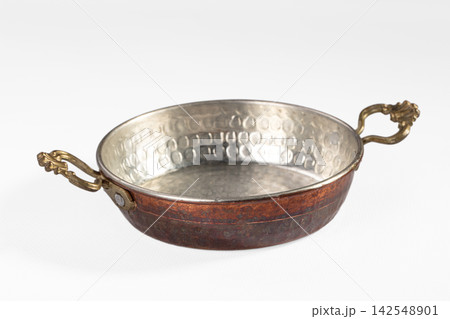 Hammered copper and silver serving bowl with ornate handles 142548901