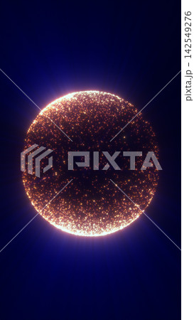 Glowing orange particle sphere resembling a cosmic eclipse, with radiant halo and star-like dots on a dark blue background. Glowing orange particle sphere resembling a cosmic eclipse, with radiant halo and star-like dots on a dark blue background. 142549276