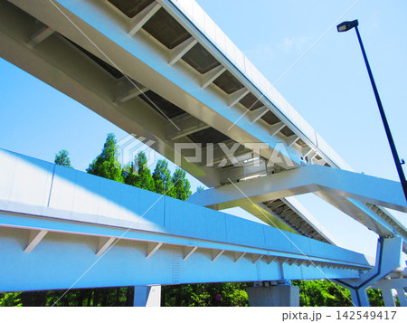 日暮里・舎人ライナーの舎人公園付近の軌道構造(高架橋)と青空の風景 日暮里・舎人ライナーの舎人公園付近の軌道構造(高架橋)と青空の風景 142549417