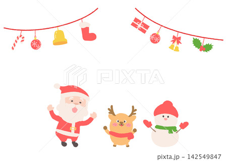 サンタ、トナカイ、雪だるまとクリスマスガーランドのイラスト サンタ、トナカイ、雪だるまとクリスマスガーランドのイラスト 142549847