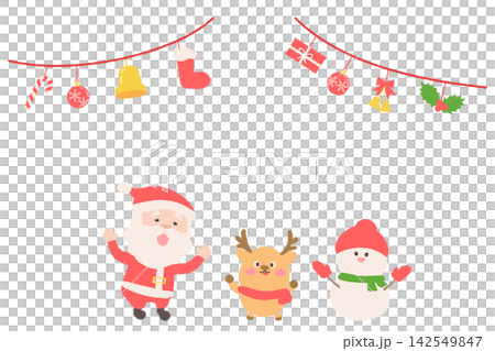 サンタ、トナカイ、雪だるまとクリスマスガーランドのイラスト サンタ、トナカイ、雪だるまとクリスマスガーランドのイラスト 142549847