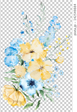 Bouquet with light blue and yellow watercolor wildflowers and leaves, floral wedding illustration Bouquet with light blue and yellow watercolor wildflowers and leaves, floral wedding illustration 142549884