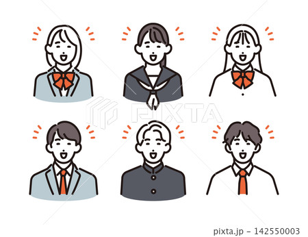 シンプル　イラスト　制服を着た笑顔の男女の学生セット ベクターイラスト 142550003