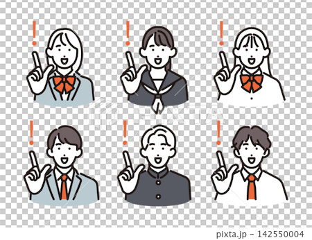 Simple illustration: A set of male and female students in uniforms, smiling and pointing. Vector illustration. Simple illustration: A set of male and female students in uniforms, smiling and pointing. Vector illustration. 142550004