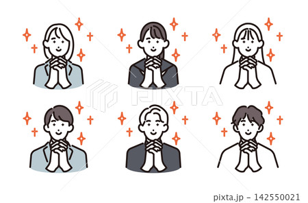 シンプル　イラスト　期待に目を輝かせる男女の学生6人セット ベクターイラスト 142550021