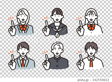 一組簡單的插圖,描繪了6名男女學生指著某物進行推薦或解釋。向量圖。 一組簡單的插圖,描繪了6名男女學生指著某物進行推薦或解釋。向量圖。 142550022