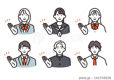 シンプル イラスト 笑顔で案内する男女の学生6人セット ベクターイラスト シンプル イラスト 笑顔で案内する男女の学生6人セット ベクターイラスト 142550026