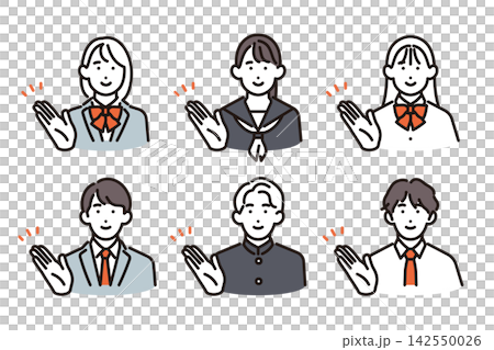 シンプル イラスト 笑顔で案内する男女の学生6人セット ベクターイラスト シンプル イラスト 笑顔で案内する男女の学生6人セット ベクターイラスト 142550026