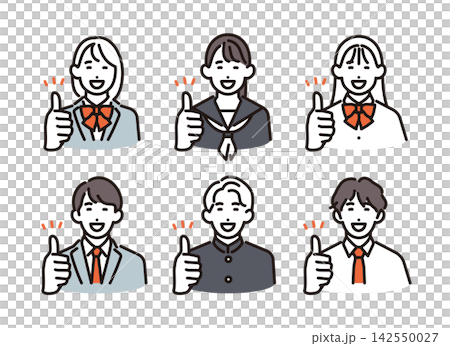 シンプル　イラスト　笑顔でグッドサインをする男女の学生6人セット ベクターイラスト 142550027