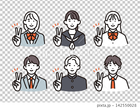 Simple illustration: A set of 6 male and female students smiling and making peace signs (vector illustration). Simple illustration: A set of 6 male and female students smiling and making peace signs (vector illustration). 142550028