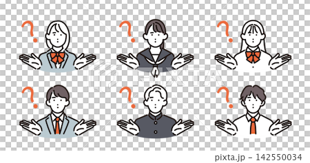 簡筆畫:六名一臉困惑的男女學生,他們不明白這句話的意思。向量圖。 簡筆畫:六名一臉困惑的男女學生,他們不明白這句話的意思。向量圖。 142550034