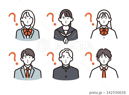 シンプル　イラスト　疑問を感じて「ん？」となる男女の学生6人セット ベクターイラスト 142550038