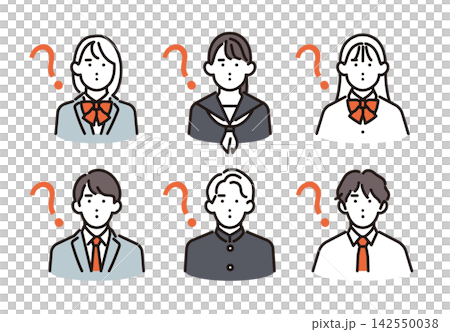 シンプル　イラスト　疑問を感じて「ん？」となる男女の学生6人セット ベクターイラスト 142550038