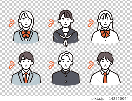 Simple illustration: A set of 6 male and female students who are sad and disappointed. Vector illustration. Simple illustration: A set of 6 male and female students who are sad and disappointed. Vector illustration. 142550044