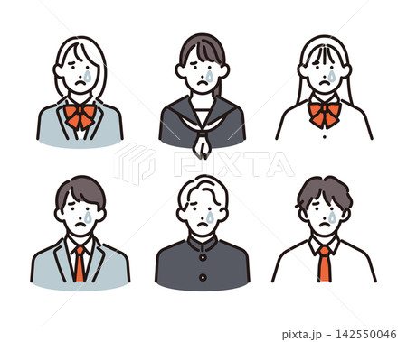 シンプル　イラスト　涙を流して悲しむ男女の学生6人セット ベクターイラスト 142550046