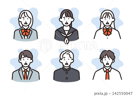 シンプル イラスト ショックを受けて青ざめる男女の学生6人セット ベクターイラスト シンプル イラスト ショックを受けて青ざめる男女の学生6人セット ベクターイラスト 142550047