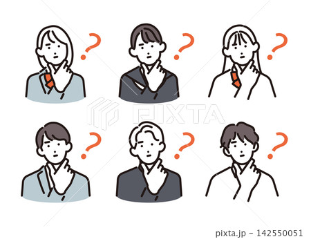 シンプル　イラスト　何かを思い出そうと考える男女の学生6人セット ベクターイラスト 142550051