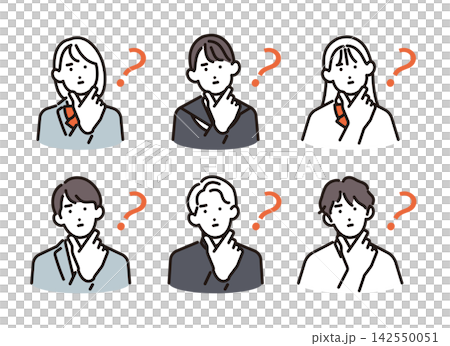 シンプル　イラスト　何かを思い出そうと考える男女の学生6人セット ベクターイラスト 142550051