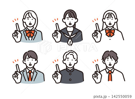 シンプル イラスト 指差しで間違いや注意点を伝える男女の学生6人セット ベクターイラスト シンプル イラスト 指差しで間違いや注意点を伝える男女の学生6人セット ベクターイラスト 142550059
