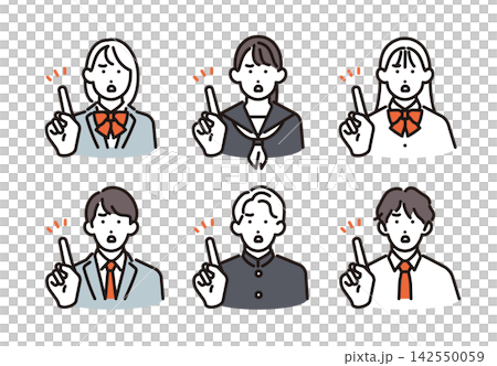 シンプル イラスト 指差しで間違いや注意点を伝える男女の学生6人セット ベクターイラスト シンプル イラスト 指差しで間違いや注意点を伝える男女の学生6人セット ベクターイラスト 142550059