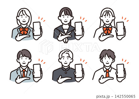 シンプル イラスト スマホの画面を見せて紹介する男女の学生6人セット ベクターイラスト シンプル イラスト スマホの画面を見せて紹介する男女の学生6人セット ベクターイラスト 142550065