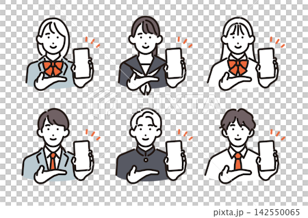 シンプル イラスト スマホの画面を見せて紹介する男女の学生6人セット ベクターイラスト シンプル イラスト スマホの画面を見せて紹介する男女の学生6人セット ベクターイラスト 142550065