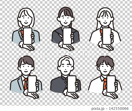 簡圖:六名男女學生展示他們的智慧型手機螢幕。向量圖。 簡圖:六名男女學生展示他們的智慧型手機螢幕。向量圖。 142550066