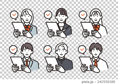 A simple vector illustration set of six male and female students reviewing documents and passing exams and assessments. A simple vector illustration set of six male and female students reviewing documents and passing exams and assessments. 142550100