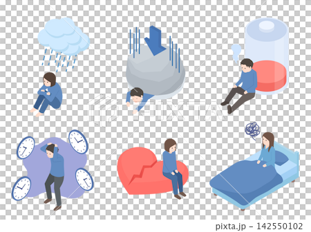 A set of illustrations depicting people with mental health issues and emotional distress. A set of illustrations depicting people with mental health issues and emotional distress. 142550102
