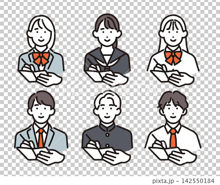 Simple illustrations: A set of vector illustrations of six male and female students taking notes. Simple illustrations: A set of vector illustrations of six male and female students taking notes. 142550184