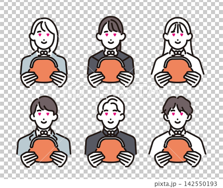 Simple illustration vector set of 6 male and female students holding coin purses and looking happy with their money. Simple illustration vector set of 6 male and female students holding coin purses and looking happy with their money. 142550193