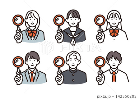 シンプル イラスト 虫眼鏡を持つ男女の学生6人のベクターイラストセット シンプル イラスト 虫眼鏡を持つ男女の学生6人のベクターイラストセット 142550205